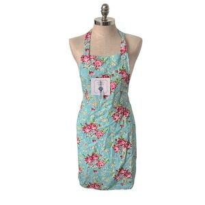 April Cornell AQUA Floral Kitchen Chef‎ Apron with Pocket 100% Cotton One Size